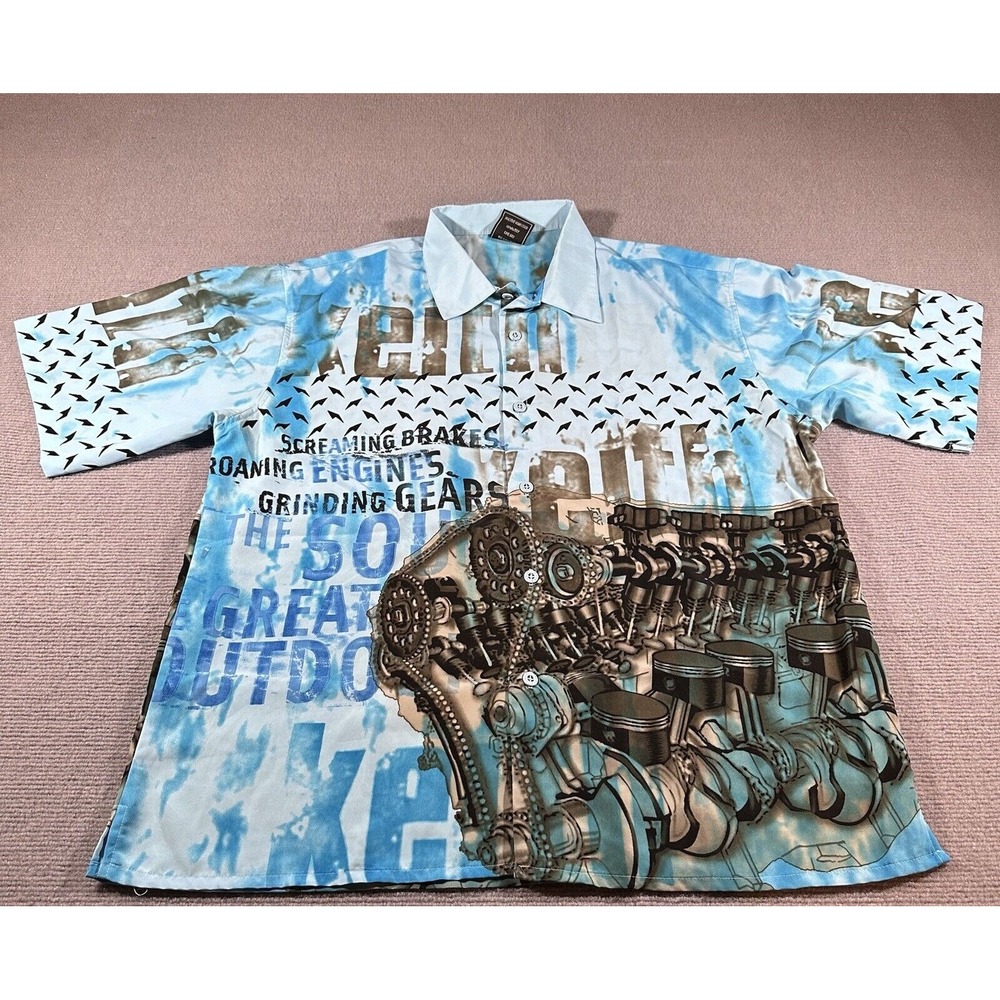 Solo Limited‎ Mens Button Up Shirt XL Engine Print 100% Polyester Cars Motors